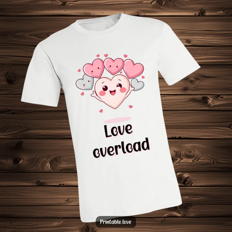 Funny Kawaii Heart T-Shirt: A cheerful cartoon heart character is shown juggling multiple smiling hearts, symbolizing abundance of love and happiness.