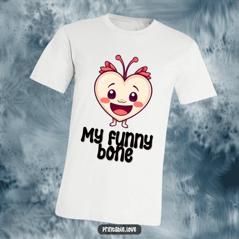 Funny heart character with wide-open eyes, depicted in an explosion of laughter on a fun t-shirt.