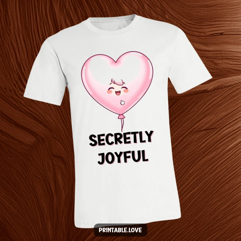 Funny giggling character t-shirt featuring a playful peek from behind a large, heart-shaped balloon, symbolizing happiness and fun.