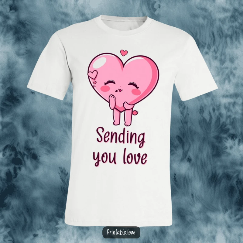 Funny heart character blowing a kiss with a dreamy expression on a t-shirt, conveying love and affection.