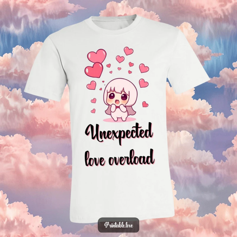 Funny t-shirt with a character looking up in shock as a cascade of red hearts falls from above, a delightful surprise.