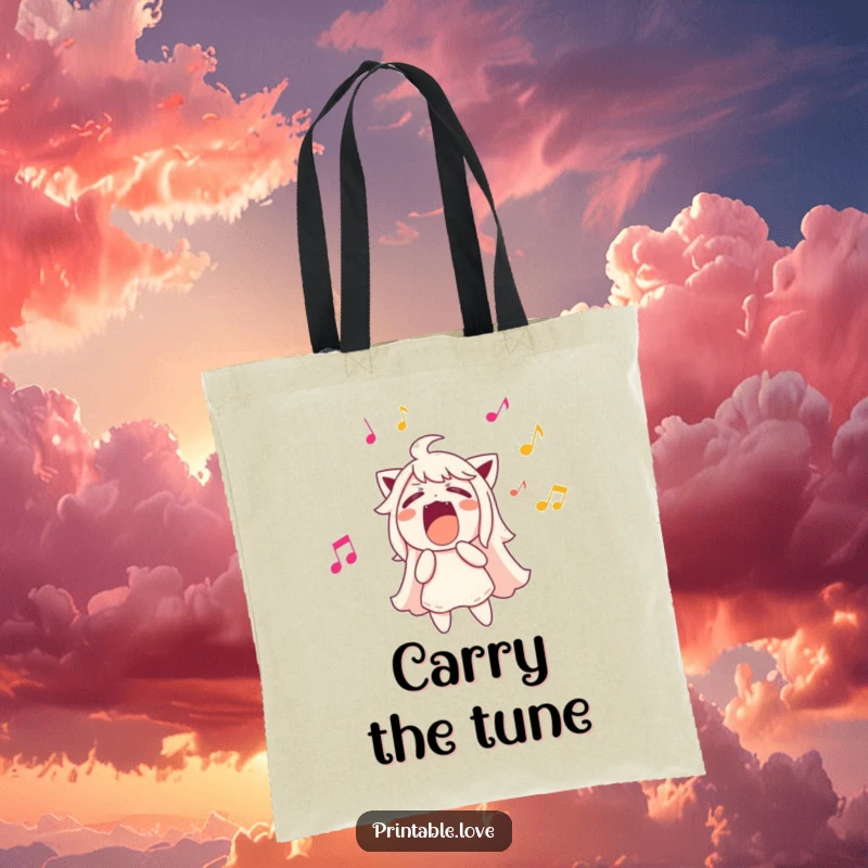 Funny character singing loudly, musical notes flying out, durable tote bag, great for carrying music.