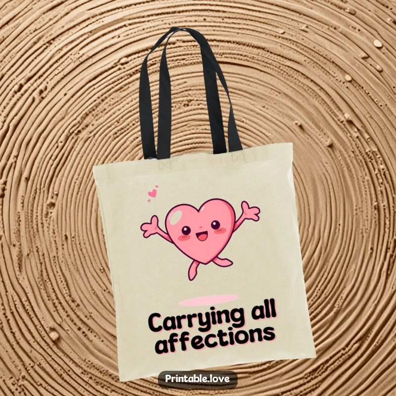 Funny Tiny Heart Leaping Tote Bag: A cute, small heart character is depicted leaping joyfully with arms spread wide, ready to carry your essentials.