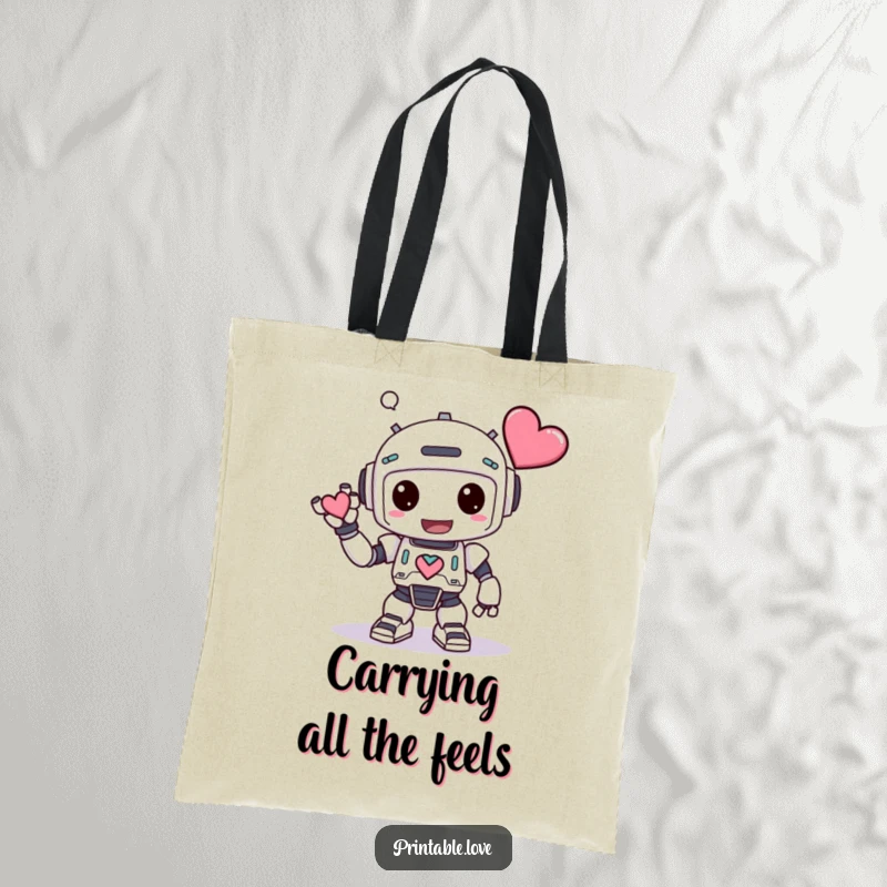 Funny Kawaii Robot Tote Bag: A robot makes a big, silly bow, heart in hand, ready to carry your items with humor.