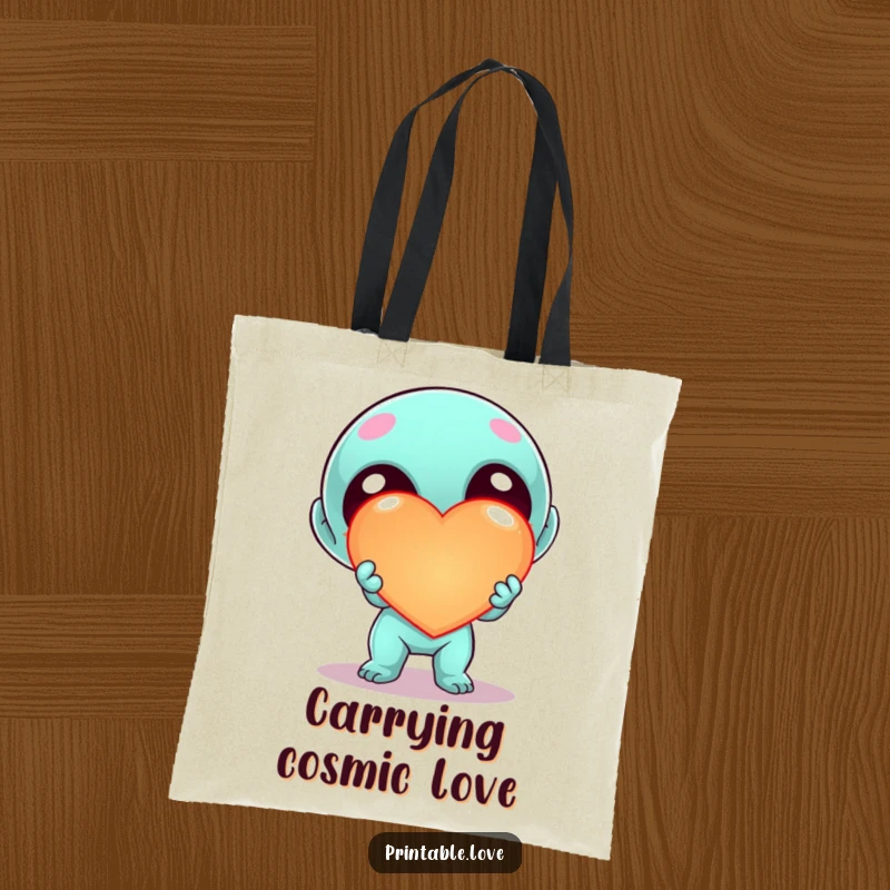 Funny Kawaii Alien Heart Tote Bag, cute cartoon alien enthusiastically offering a large, glowing heart, ideal for daily use and cosmic style.