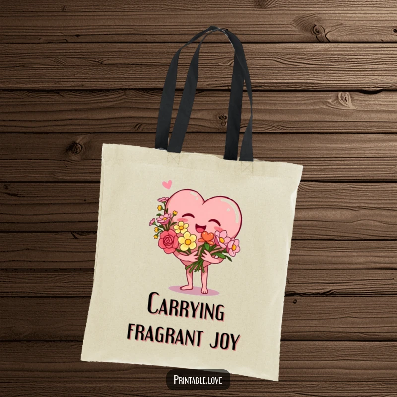 Funny Heart Tote Bag featuring a giggling heart character holding a lovely bouquet of flowers, perfect for carrying essentials with humor and love.