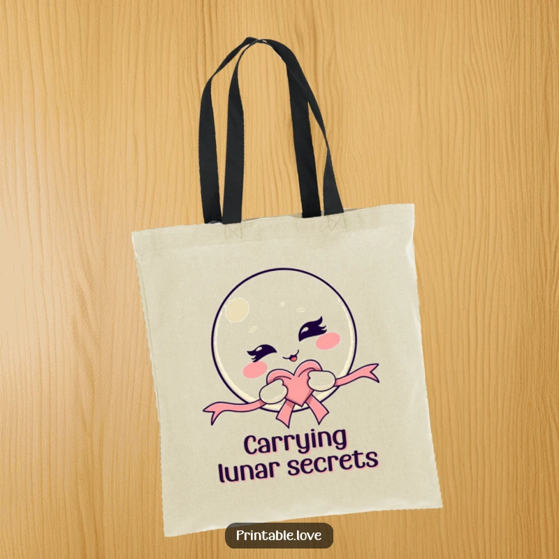 Funny Kawaii Moon Tote Bag: A spacious bag featuring a mischievous winking moon character holding a heart ribbon, great for shopping trips.