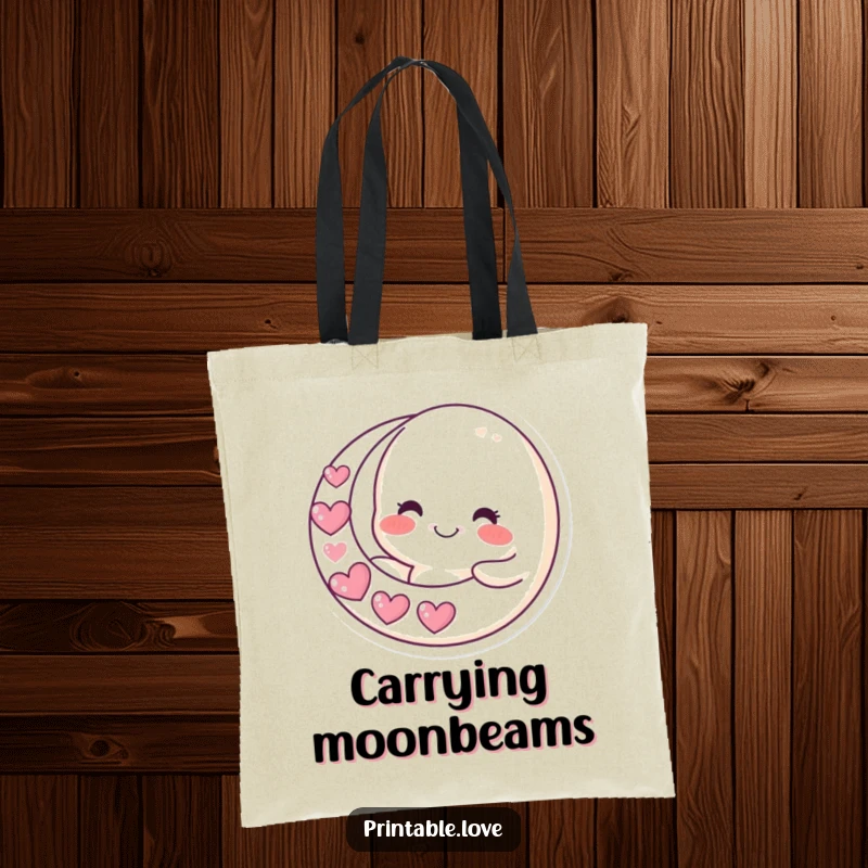Funny moon tote bag featuring a smiling character holding a crescent moon made of hearts, practical for carrying items with celestial humor.