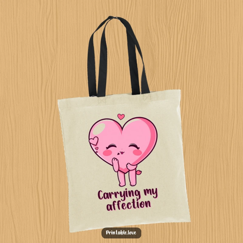 Funny heart character blowing a kiss with a dreamy expression on a stylish tote bag, perfect for carrying love.