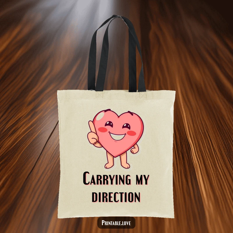 Funny heart character with a cheerful grin playfully pointing on a stylish tote bag, perfect for carrying essentials.