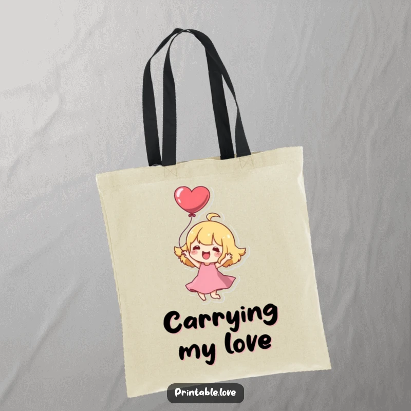 Funny Tote Bag: A Kawaii character joyfully twirls with a heart balloon, ready to carry your essentials.