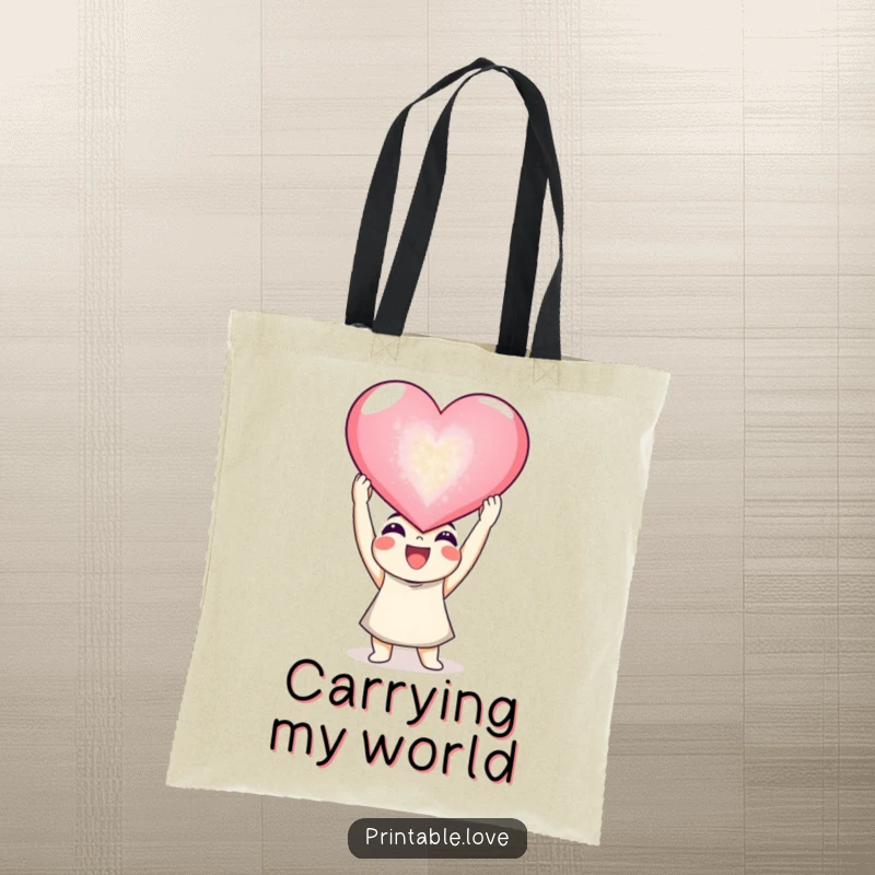 Funny joyful character tote bag, a happy person holding a giant sparkling heart, perfect for a funny gift.