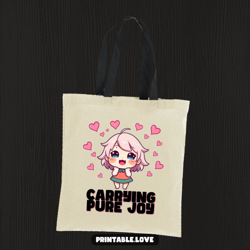 Funny Tote Bag featuring an excited character with hearts swirling around their head, perfect for carrying essentials with a joyful flair.