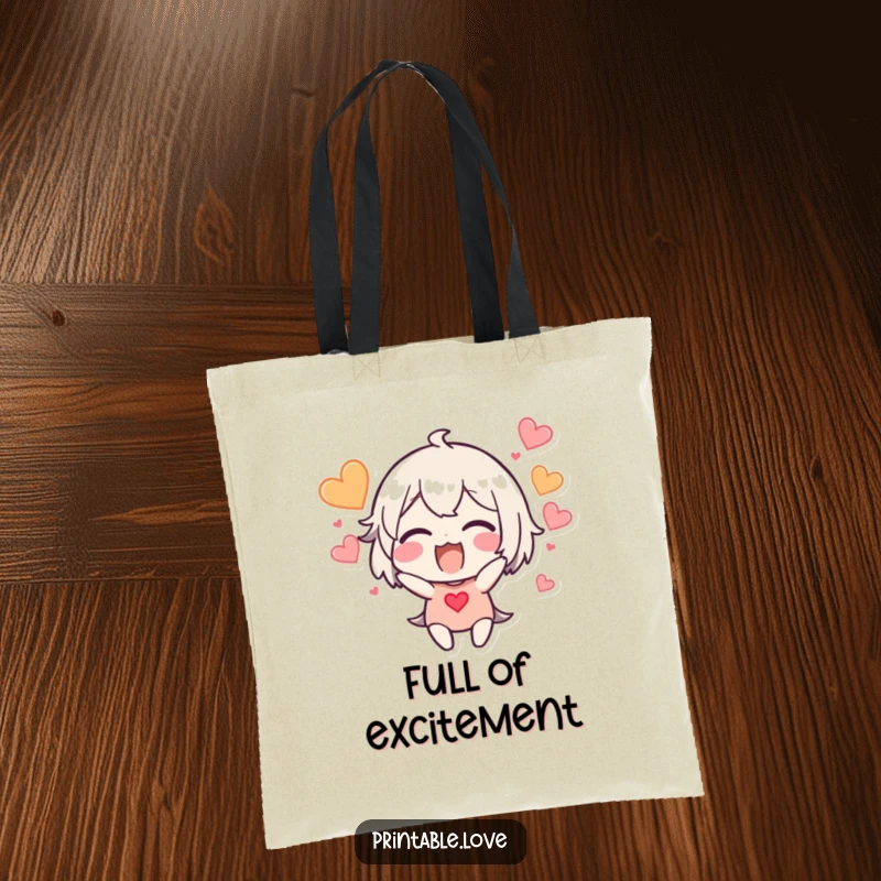 Funny excited character tote bag, hearts bursting around the head, perfect for a funny gift.