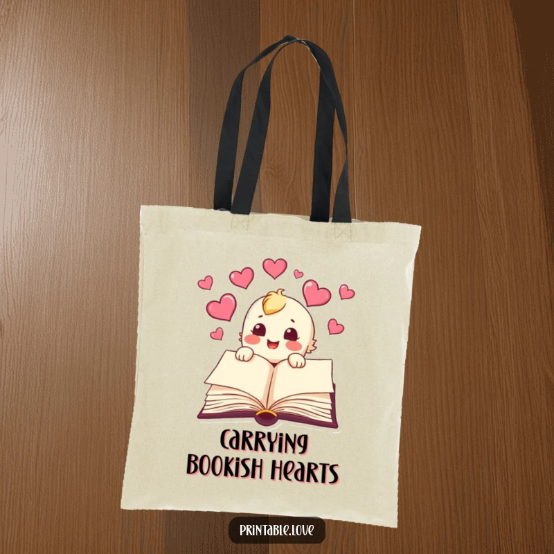 Funny book tote bag featuring a character joyfully releasing hearts from its pages, practical for carrying items with literary humor.
