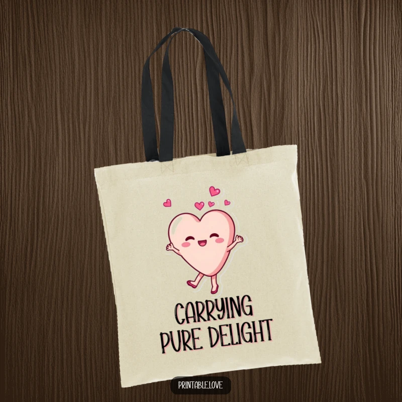 Funny, joyful heart character dancing and twirling with delight on a stylish tote bag, perfect for carrying happiness.
