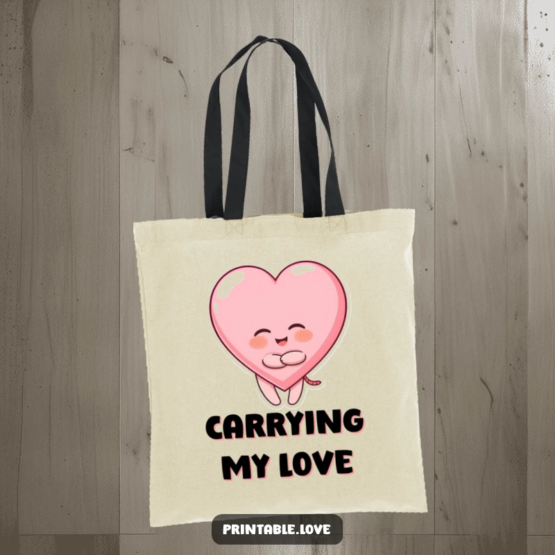 Funny Giggling Heart Tote Bag: character hugging a plump heart, a practical and funny gift.