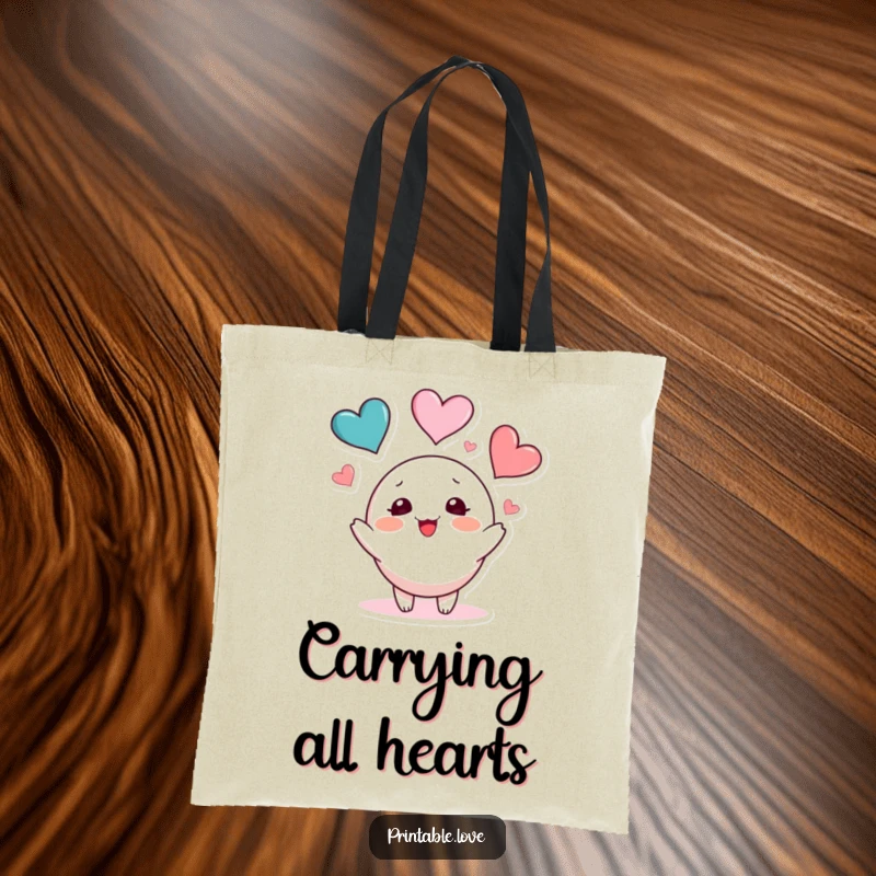 Funny heart juggling tote bag showcasing a blushing character playfully tossing three colorful hearts, great for carrying everyday items.