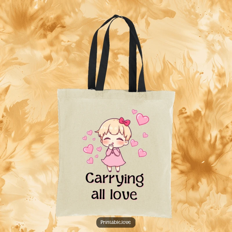 Funny Tote Bag showcasing a delightful character blowing kisses, leaving a sweet trail of tiny hearts, perfect for daily use.