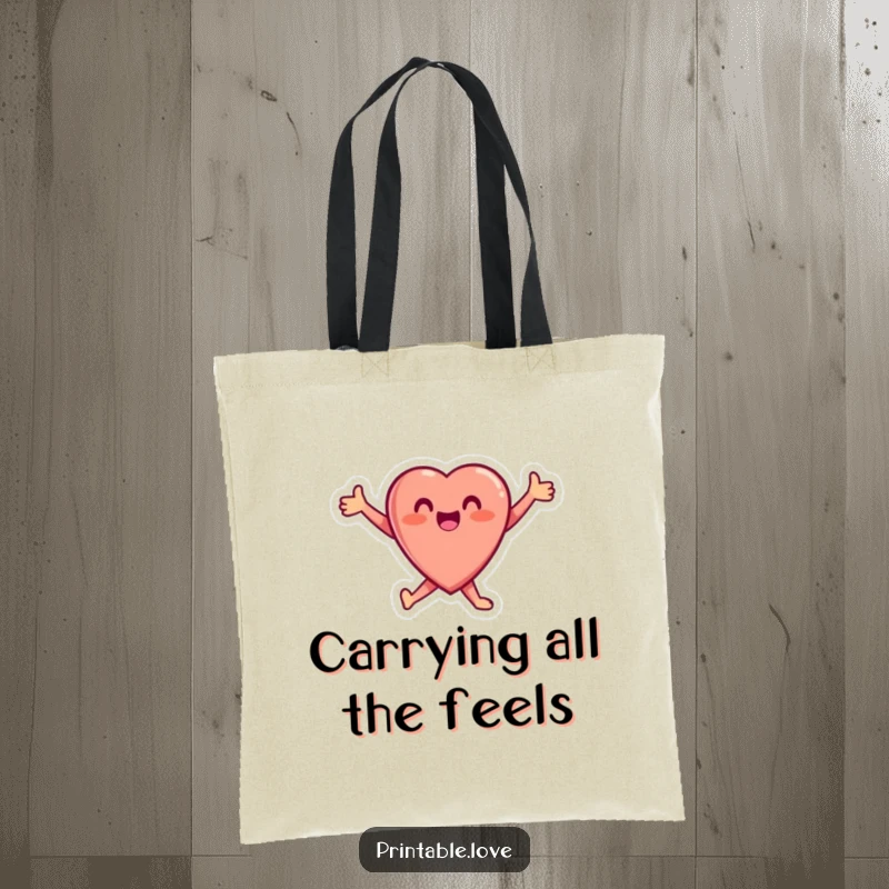 Funny Heart Tote Bag featuring a small, ecstatic heart character in mid-leap with arms outstretched, symbolizing pure joy and happiness.