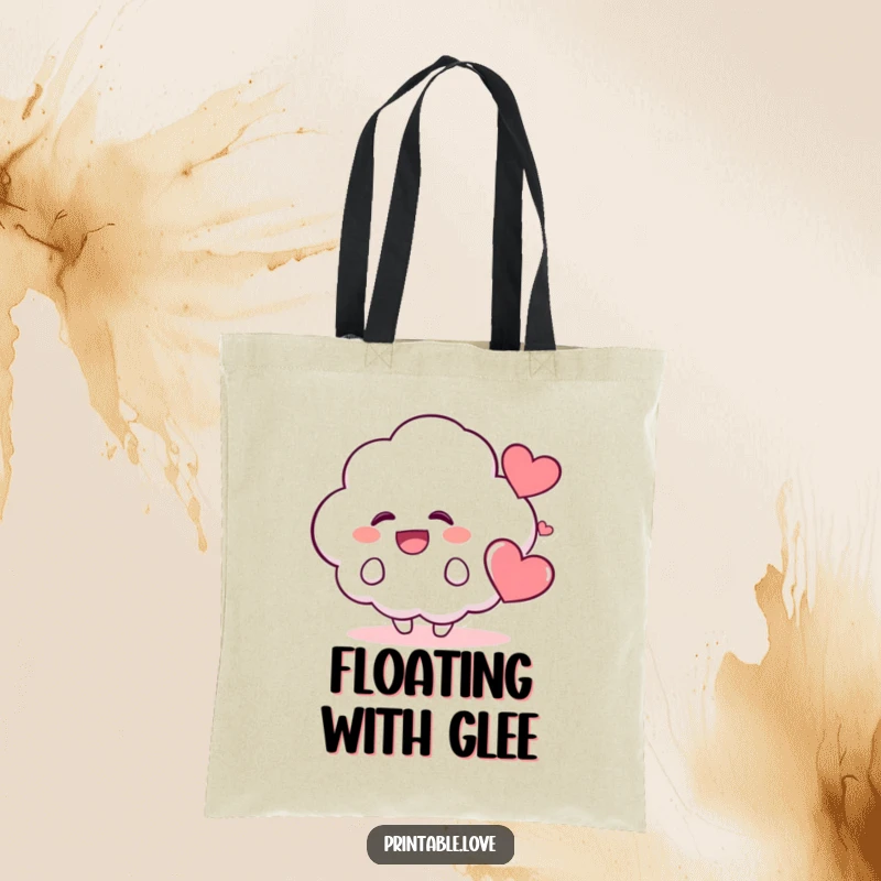 Funny Kawaii Cloud Tote Bag: A cute cloud character is depicted laughing uncontrollably, with a smiling heart floating nearby, symbolizing carried happiness and joy.