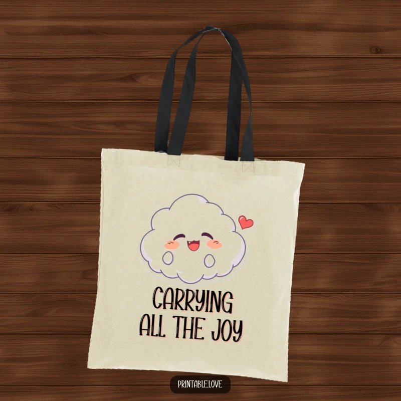Funny Kawaii Cloud Tote Bag: A spacious bag featuring a giggling adorable cloud character, a happy heart nearby, great for shopping trips.