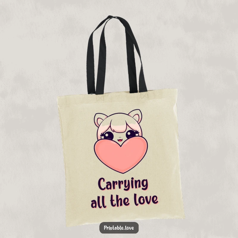 Funny tote bag showcasing a kawaii character discreetly peeking from behind a large heart, suggesting a sweet secret and playful mood.