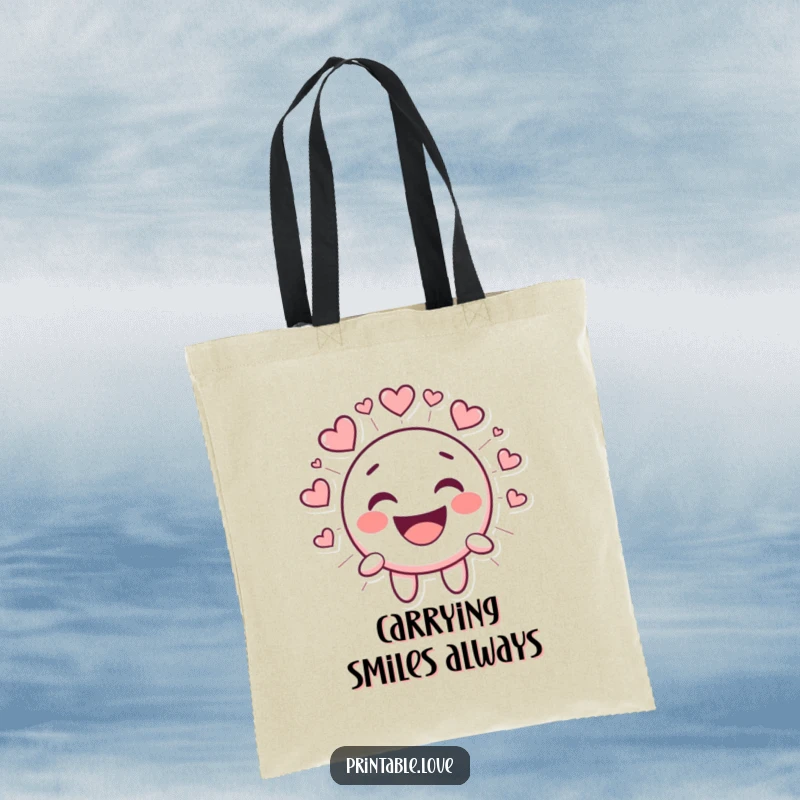 Funny Kawaii Smiley Face Tote Bag, cute cartoon character laughing heartily, radiating heart shapes, ideal for shopping and daily use.
