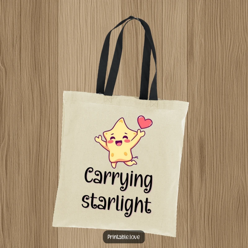 Funny Kawaii Star Tote Bag: A cute star character is depicted in an energetic leap, holding a heart shape high, symbolizing celebration and positive energy.
