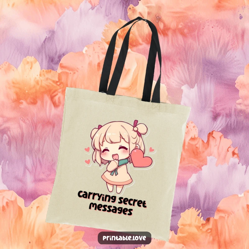 Funny secret whisper tote bag featuring a character excitedly whispering into a heart-shaped ear, perfect for carrying daily items discreetly.