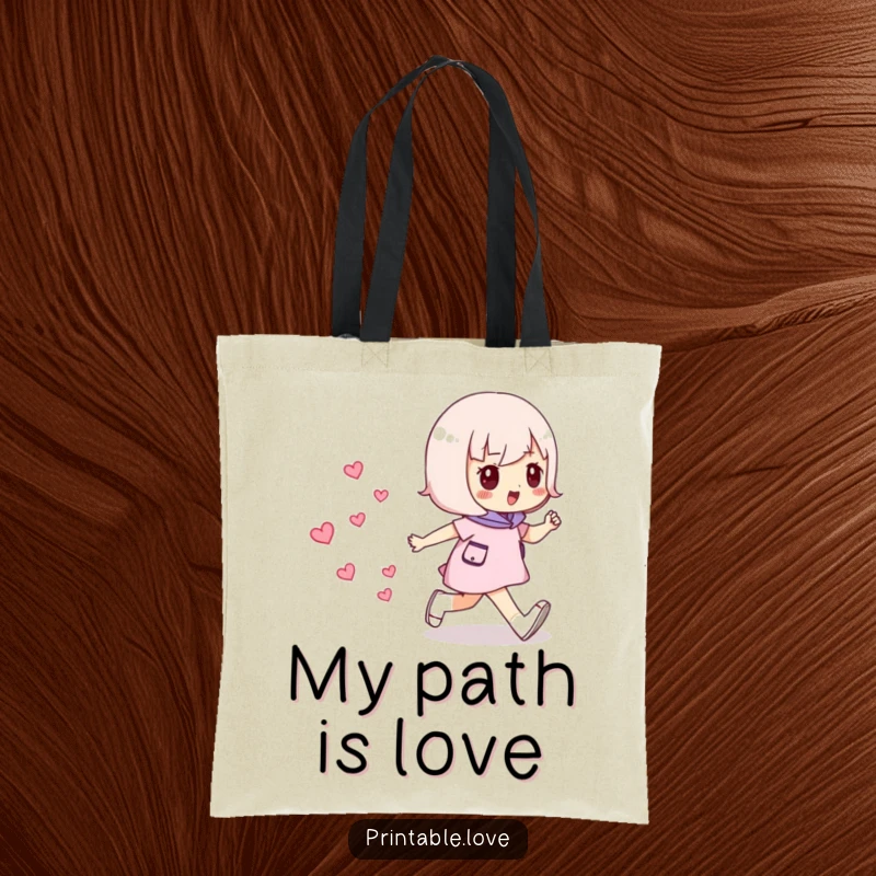 Funny Striding Hearts Tote Bag: Cute character walking, leaving hearts, perfect for carrying essentials in style.