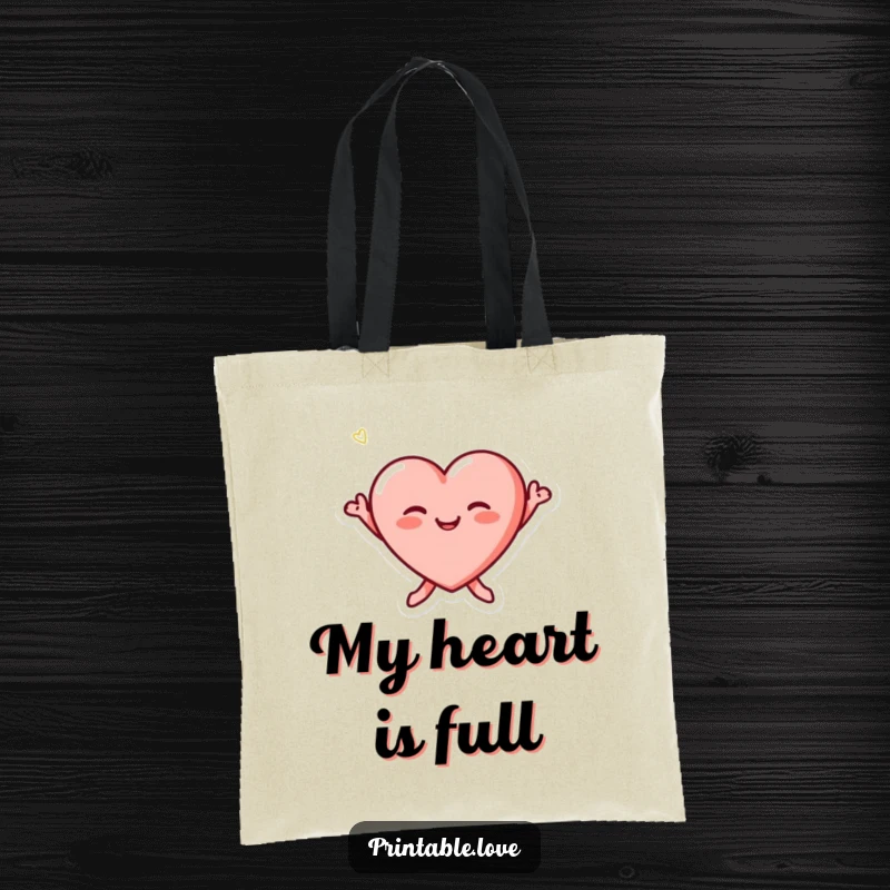Funny tiny heart character with blushing cheeks leaping joyfully on a stylish and functional tote bag.