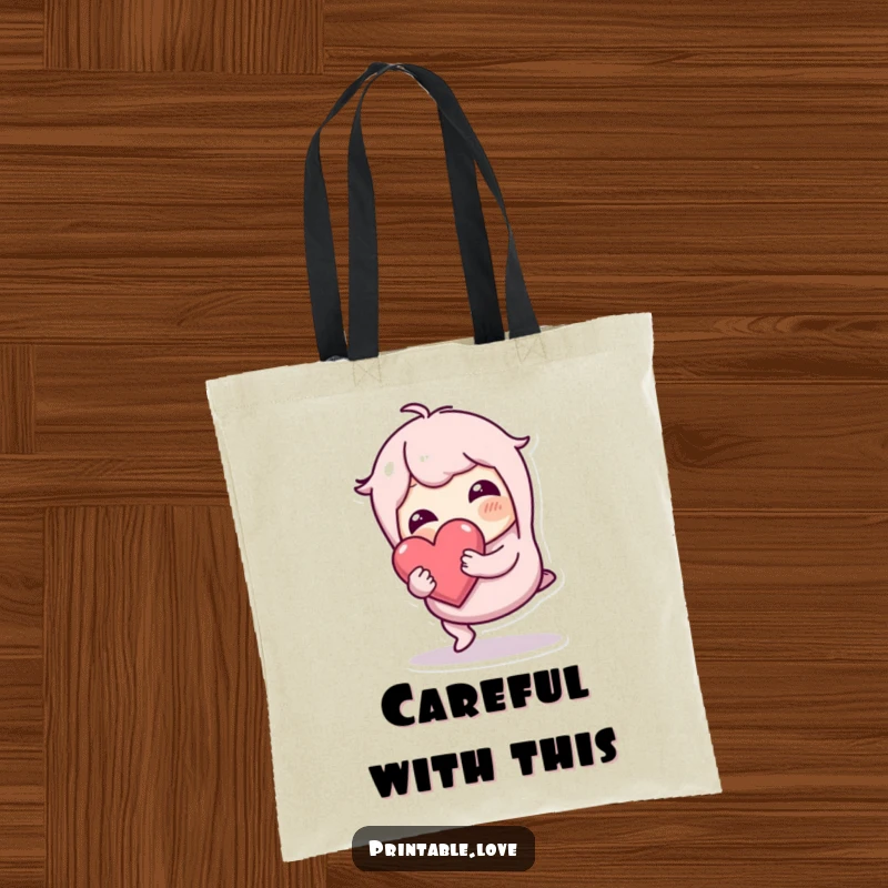 Funny wobbly character on a tote bag, tripping but holding a heart safely, a practical and endearing accessory.