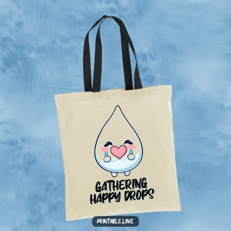 Funny Kawaii Teardrop Tote Bag: A spacious bag featuring a teardrop character shedding happy, sparkly tears forming a heart, great for shopping.