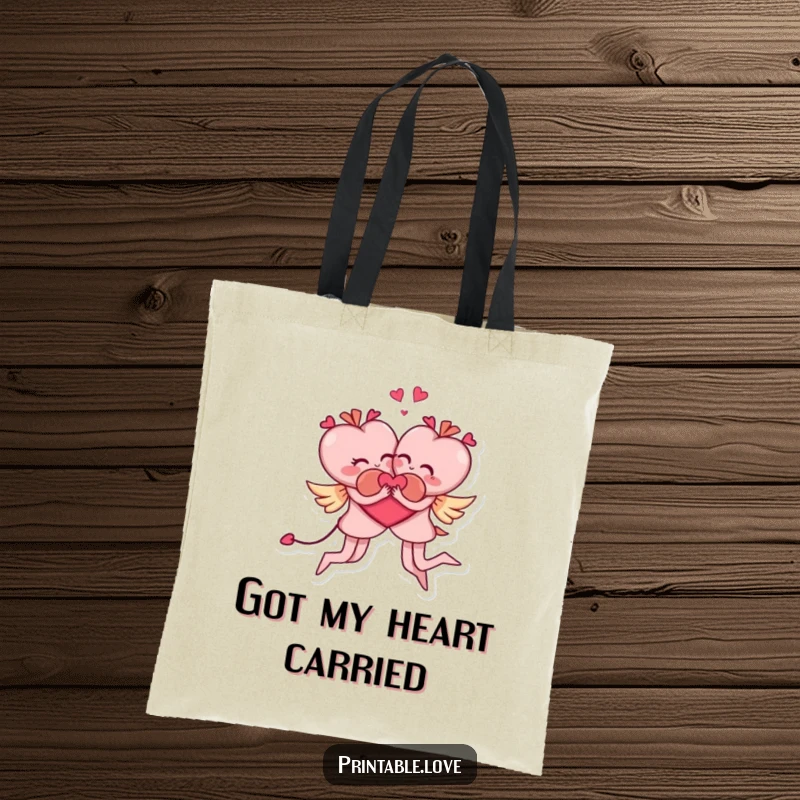 Funny tote bag showcasing two heart characters in a playful, acrobatic embrace, demonstrating a fun and loving connection.