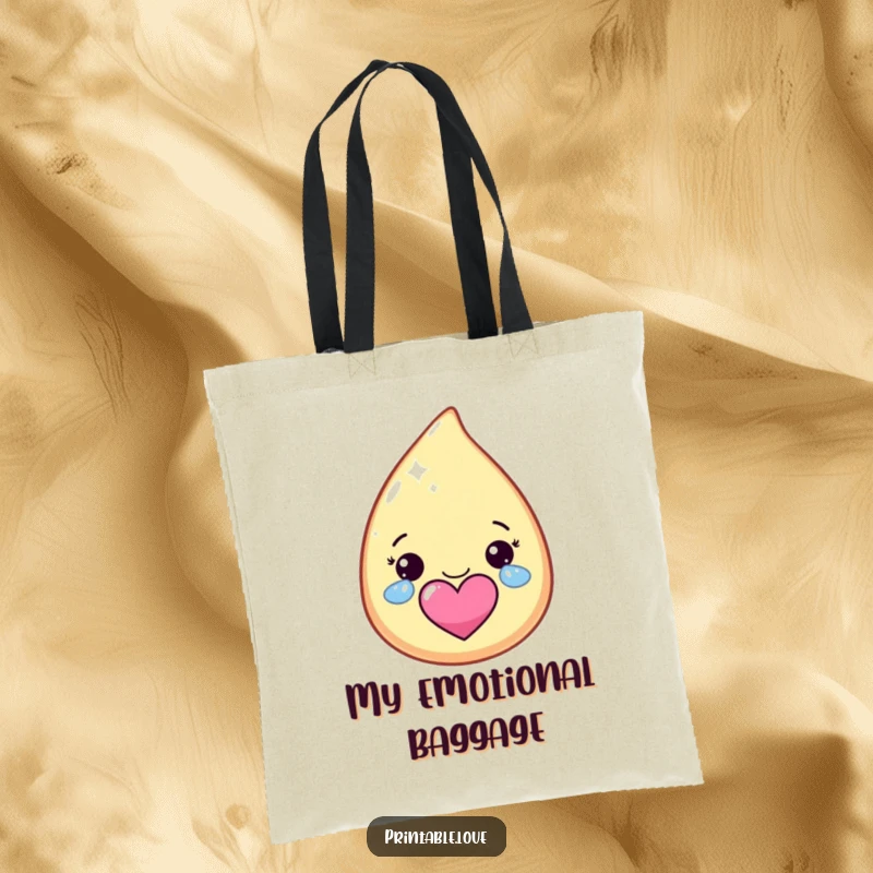 Funny kawaii teardrop character tote bag, crying happy, sparkly tears that form a heart, perfect for joyful shoppers.