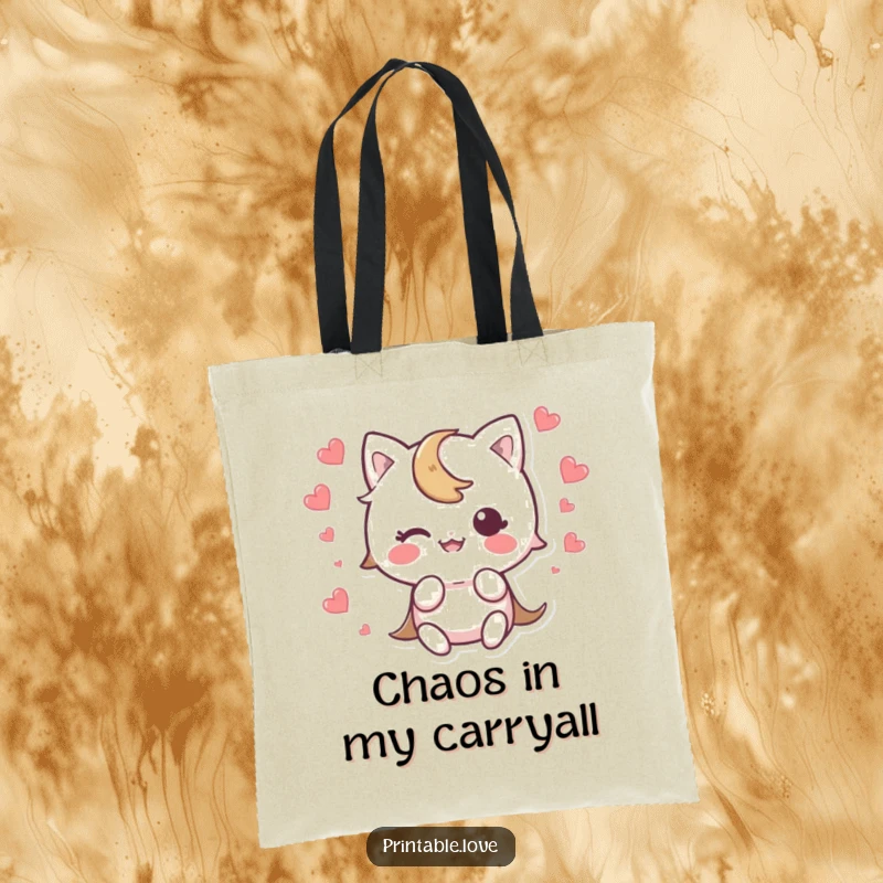 Funny Kawaii Character Tote Bag depicting a cute character tripping, with a heart scattering in surprise, perfect for carrying your essentials humorously.